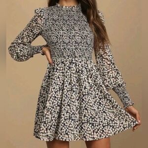 Lulus Floral Forever Smocked Skater Mini  Dress Navy Blue, Cream, Green Size S